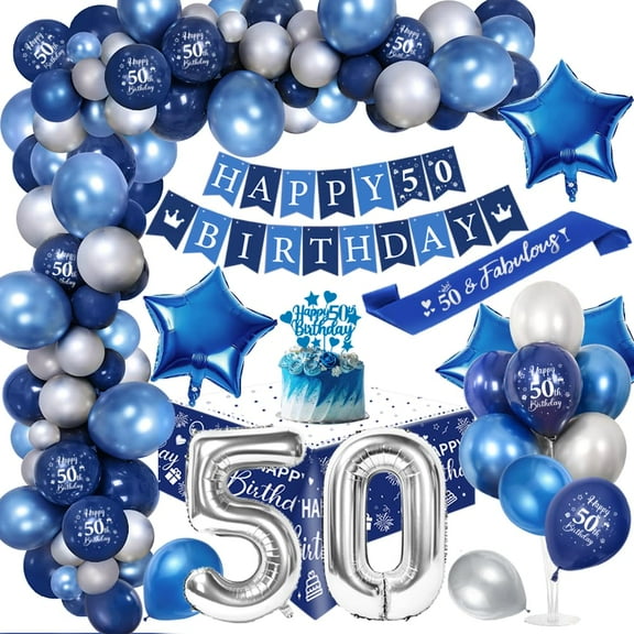 YANION 50th Birthday Decoration for Men, Navy Blue Silver 50th Balloon Birthday Party Decorations, 50th Happy Birthday Banner, Number 50 Balloons for 50th Men Birthday Party Decorations