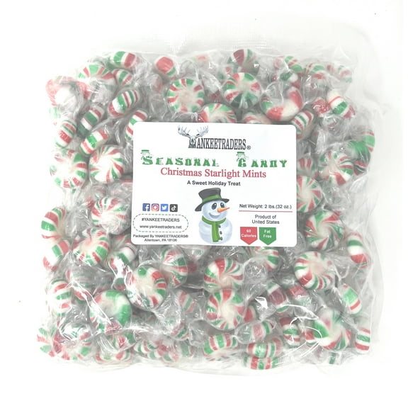 YANKEETRADERS Peppermint Starlight Mints - Red, Green & White, 2 lbs.