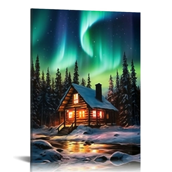 YANMS Aurora Borealis Wall Art Northern Lights Wall Decor Snow Forest Trees Lake Bonfire Picture Prints Nature Landscape Poster Framed 12x16 in