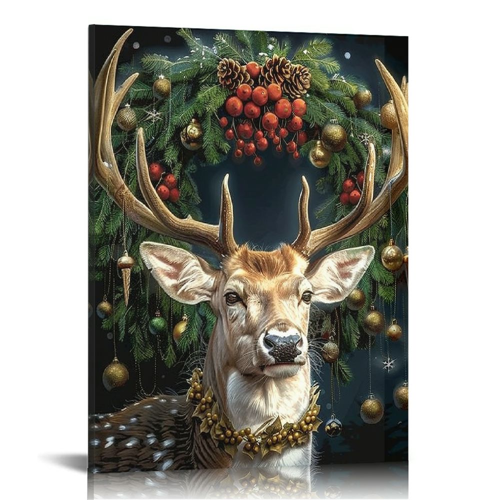 YANMS Deer Antlers Christmas Wreath Print On Canvas Wall Decor for Home