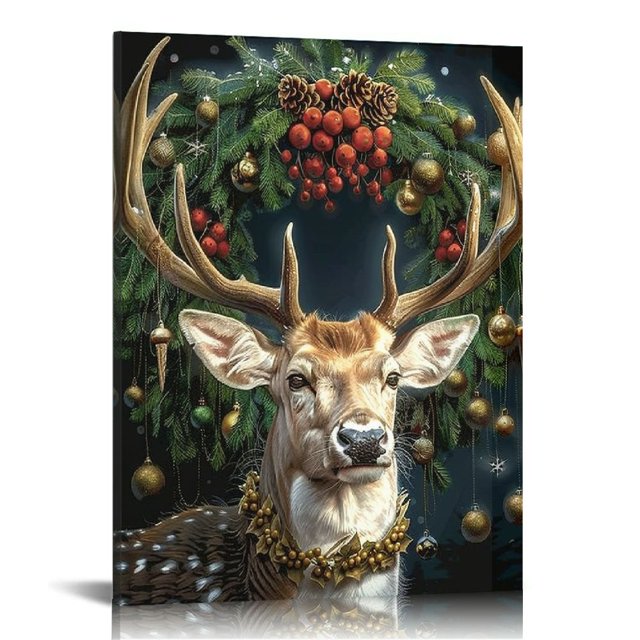 YANMS Deer Antlers Christmas Wreath Print On Canvas Wall Decor for Home