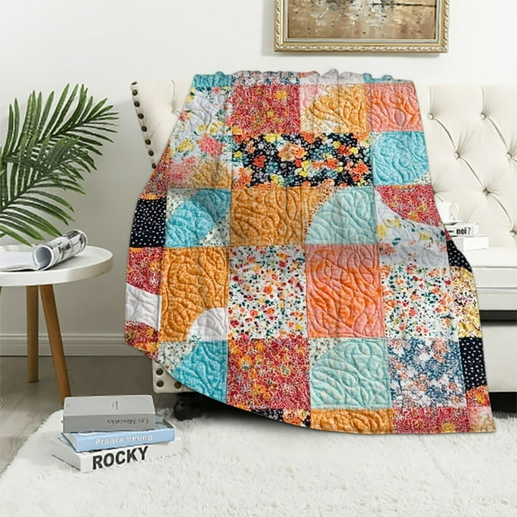 YANMS Home Quilted Reversible Throw Blanket, Calico Patches, , Multicolor 40x50in