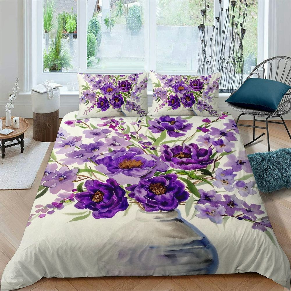 YANMS Purple Flowers 3Piece Bedding Set (SingleSided Print) Easy to