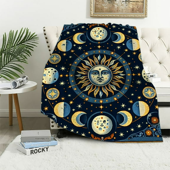 YANMS Sun and Moon Stars Throw Blanket Celestial Double-Sided Reversible Woven Cotton Home Decor Bedding Chair Couch Recliner Cover Rug Tassels Blue Yellow