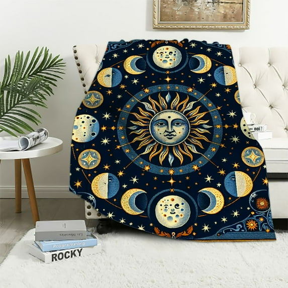 YANMS Sun and Moon Stars Throw Blanket Celestial Double-Sided Reversible Woven Cotton Home Decor Bedding Chair Couch Recliner Cover Rug Tassels Blue Yellow