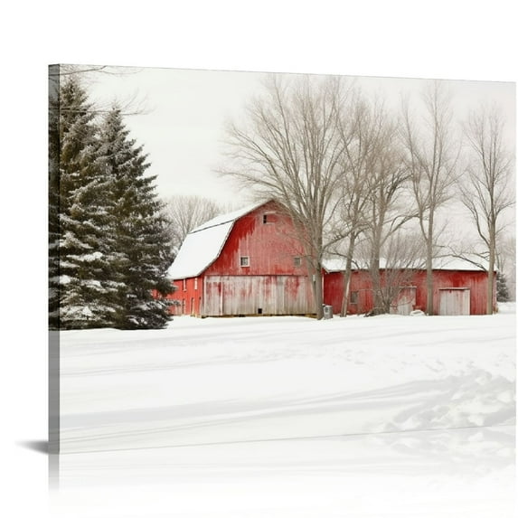 YANMS Winter Scenes Pictures Barn Canvas Wall Art Winter House Painting Winter Barn Prints Snow Scenery Wall Art Christmas Winter Poster Rustic Red Barn Canvas Snowy Landscape Wall Art