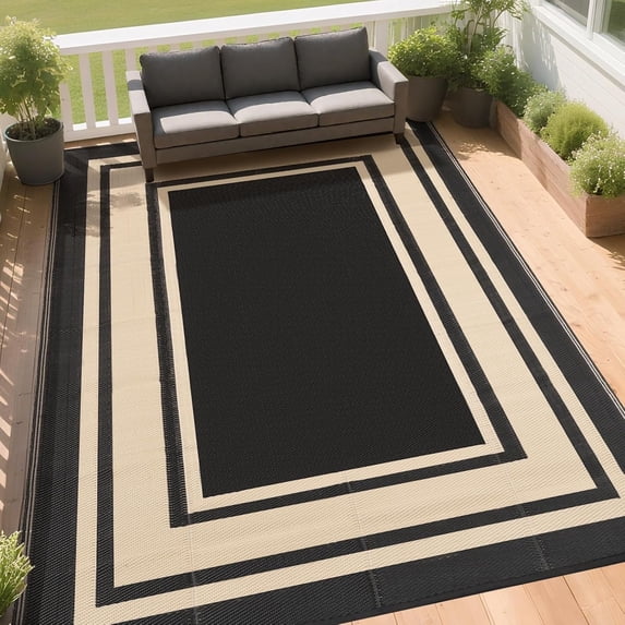 Reversible Geometric Black & Beige Outdoor Rug, 5' x 8', Waterproof & UV-Resistant