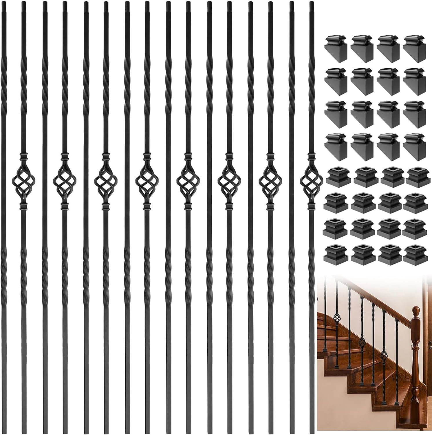 YANRUI Iron Balusters for Staircase, 16 Pack Wrought Iron Balusters, 1/2" Hollow Stair Spindles