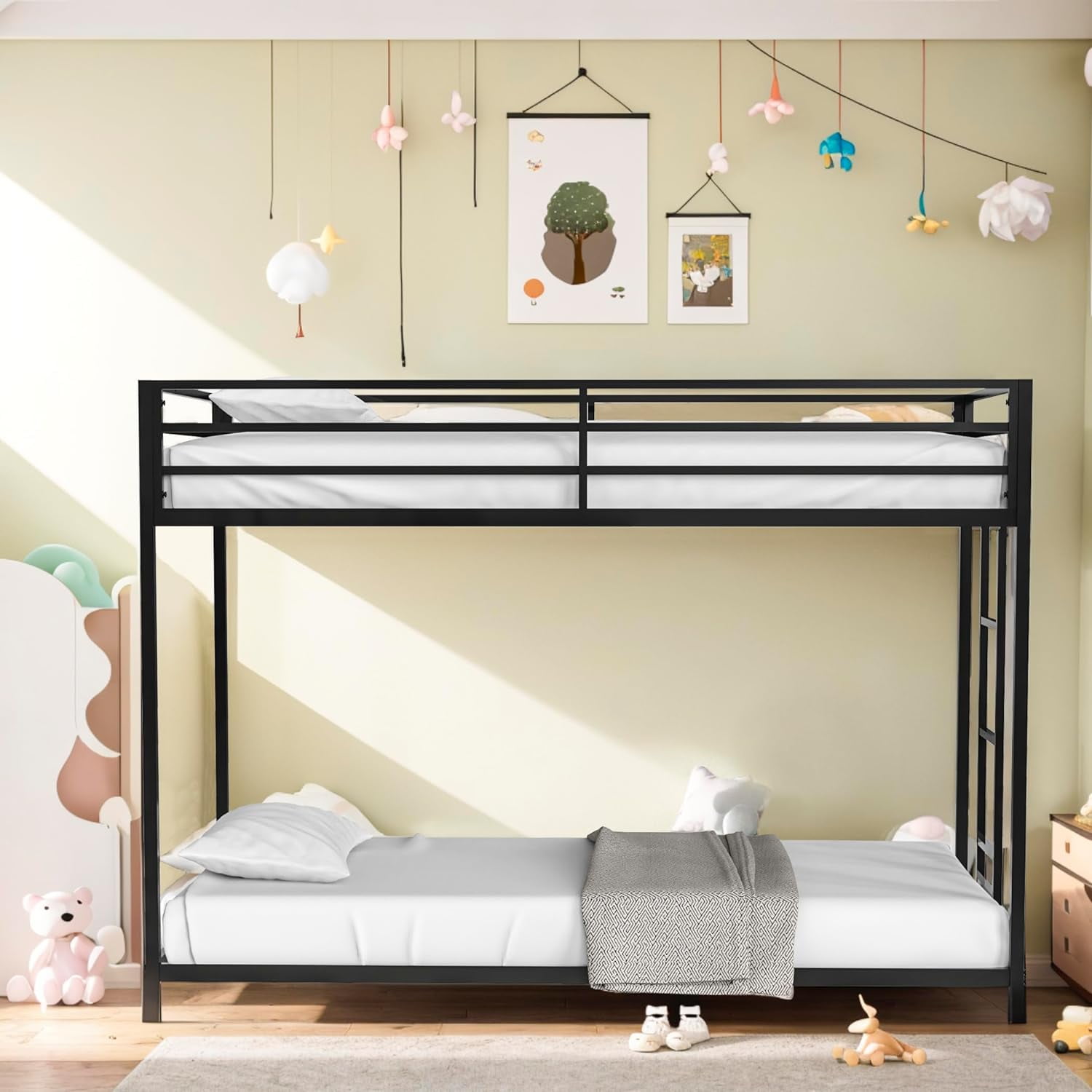 YANRUI Metal Bunk Bed Twin Kids, Floor Bunkbeds with Ladder & Safety