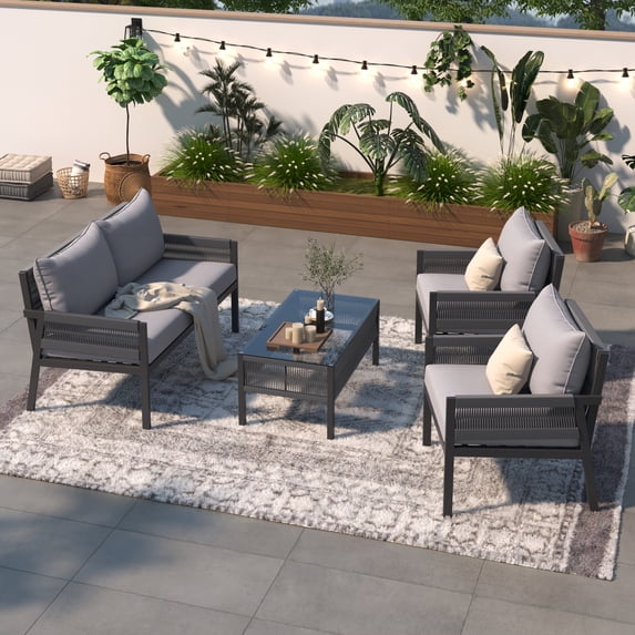 YANSHE 4 Piece Patio Conversation Sets, Patio Furniture Set With Coffee Table, Loveseat, 2 Single Sofa, Removable Mat, Outdoor Furniture Set For Lawn, Garden, Backyard
