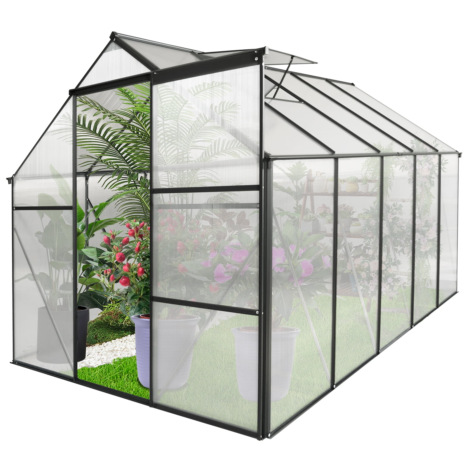 YANSHE 6x10 FT Walk-in Greenhouses, Polycarbonate Greenhouse With Drainage System, Galvanized Base, Sliding Door, Adjustable Roof For Outdoor Backyard
