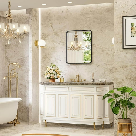 YANSHE Metal Framed Bathroom Mirror For Wall, 30"x22" Rounded Rectangle Mirror, High-definition Float Glass Bathroom Vanity Mirror, For Bedroom, Living Room