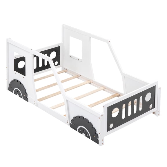 YANSHE Twin Size Bed Frame Car-Shaped, Floor Bed Frame With Wheels And Doors, Wooden Construction, Car Bed Frame, Slats Supports, No Box Spring Needed