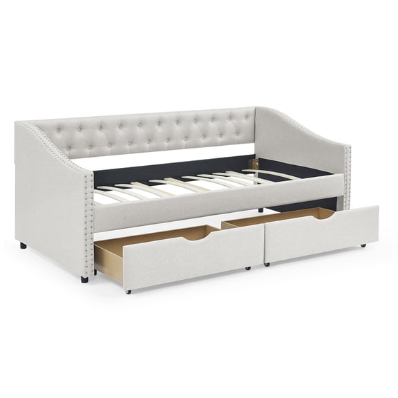 YANSHE Twin Size/ Full Size/ Queen Size Wood Daybed With Button Tufted Back, Waved Shape Arms, Bed Frame With Drawers, Ergonomically Upholstered Sofa Bed