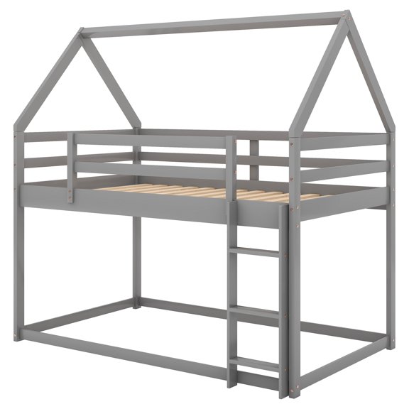 YANSHE Twin Over Twin Bunk Bed, Wood House Bunk Bed Frame With Ladder, House-shaped Frame, Guardrail, Multi Functional House Bed For Dormitory Bedroom