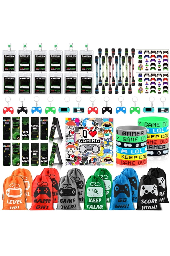 124pcs Video Game Party Favors, Gaming Birthday Party Supplies with Drawstring Bags VIP Pass Tickets Keychain Temporary Tattoo Stickers Game Theme Goodie Bag for Gamer