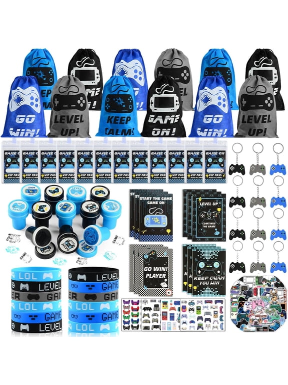 126pcs Video Game Party Favors, Gaming Birthday Party Favors with Drawstring Bags VIP Pass Tickets Stamper Keychain Notebook Game On Party Favor Bags Gamer Party Supplies Decorations for Kids