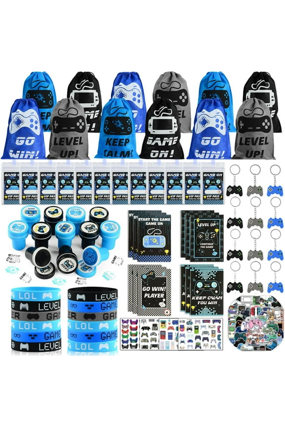 YANSION 126pcs Video Game Party Favors, Gaming Birthday Party Favors with Drawstring Bags VIP Pass Tickets Stamper Keychain Notebook Game On Party Favor Bags Gamer Party Supplies Decorations for Kids