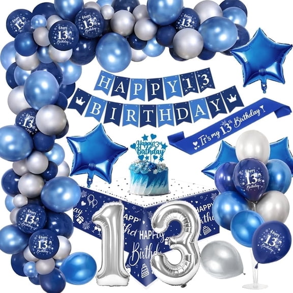 YANSION 13th Birthday Decorations for Boys, Royal Blue Balloon Arch Kit with Banner, Cake Topper, Tablecloth, Sash,Number 13 Foil Balloon, Chrome Blue and Silver Balloons