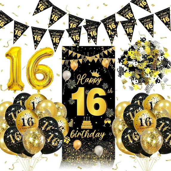 YANSION 16th Birthday Decorations for Boys Girls, 16th Birthday Balloons Black Gold with 16 Balloons, Triangle Flag Banner, Banner | 16 Year Old Party Supplies Decor