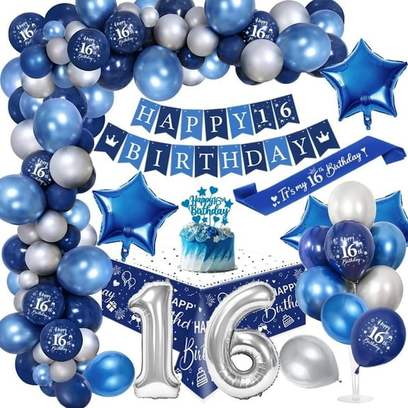 YANSION 16th Birthday Decorations for Boys, Royal Blue Balloon Arch Kit with Banner, Cake Topper, Tablecloth, Sash,Number 16 Foil Balloon, Chrome Blue and Silver Balloons
