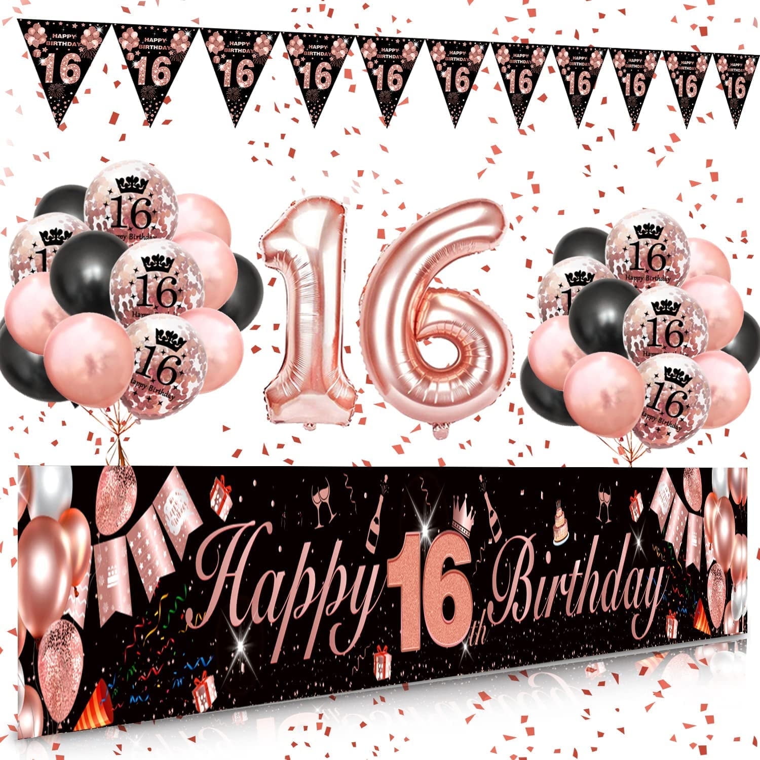 Set Decorazione Compleanno 16 Anni Ragazza – 36 Pezzi Oro Rosa E Nero Con Palloncini, Striscione E Ghirlanda Per Festa Indimenticabile - 4