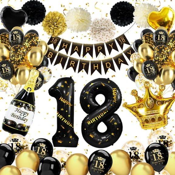 18th Birthday Decorations, Black Gold 18th Birthday Balloons Including Banner Confetti Balloons, 18th Birthday Party Decor for Boys Girls