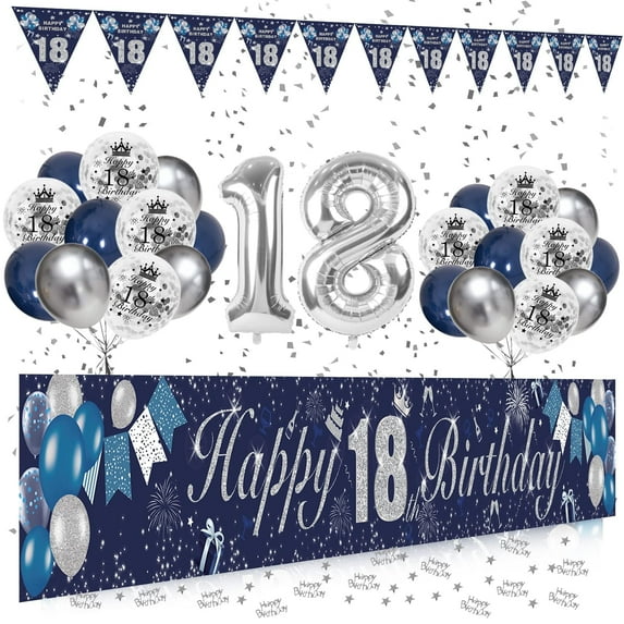 YANSION 18th Birthday Decorations for Boys Men, 18th Birthday Party Kit with Navy Blue Silver Happy 18th Birthday Banner, Navy Blue Silver Confetti Balloons Number 18 Balloon Triangle Flag Banner