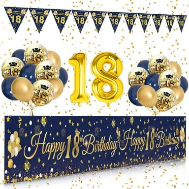 YANSION 18th Birthday Decorations for Boys Men, 18th Birthday Party Kit with Navy Blue Gold Happy 18th Birthday Banner, Navy Blue Gold Confetti Balloons Number 18 Balloon Triangle Flag Banner