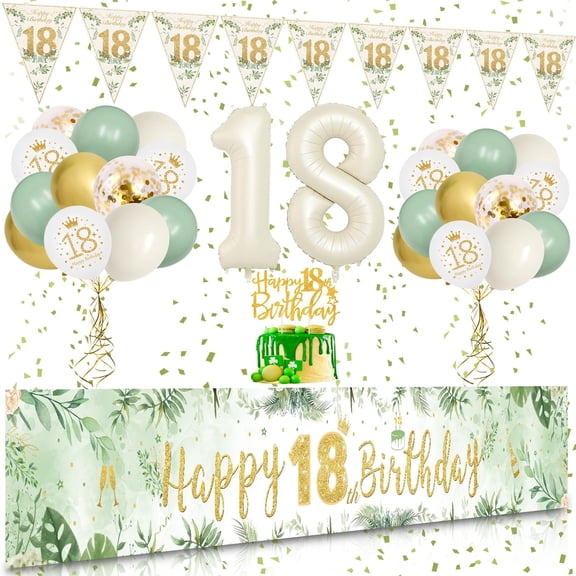 YANSION 18th Birthday Decorations for Women Girls, 18th Birthday Party Kit with Green Gold Happy 18th Birthday Banner, Green Sand White Gold Confetti Balloons, Number 18 Balloon Triangle Flag Banner