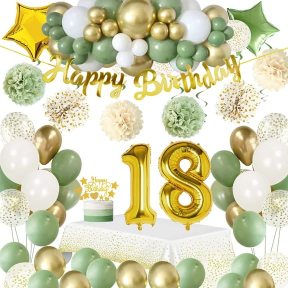 18th Birthday Decorations for Girls Boys, Green Birthday Party Decorations with Avocado Green Balloons, Happy Birthday Banner, Cake Topper, Tablecloth, Pompons