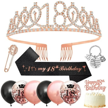 YANSION 18th Black Rose Gold Birthday Decorations Women, 18th Birthday Crown and Birthday Sash, Birthday Tiara Crown, 18th Birthday Cupcake Topper Confetti Balloons Party Accessories Decorations Girls