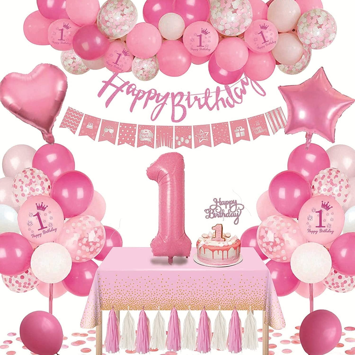 Yansion 1st Birthday Decorations for Girls, Pink Balloons Set with ...