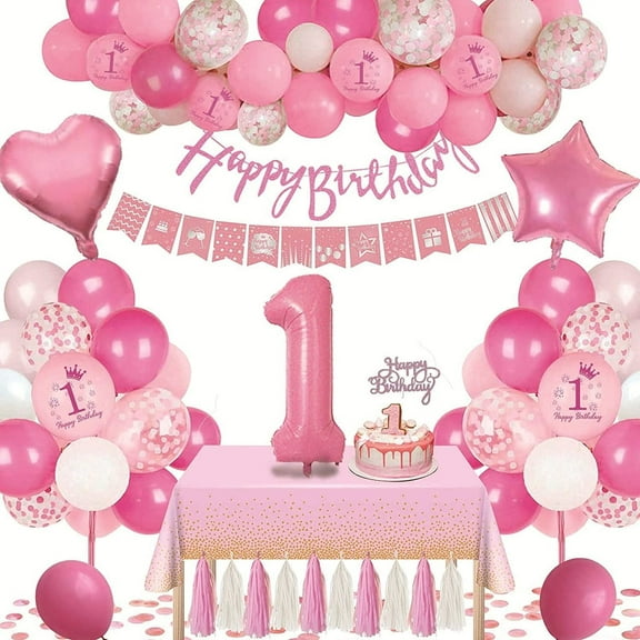 YANSION 1st Birthday First Bday Decorations for Girls Baby Pink Balloons Party Supplies