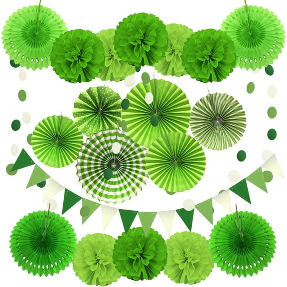 YANSION 20Pcs Paper Fan Party Decorations Set, Green Hanging Paper Fan, Round Paper Fans Set Paper Pom Poms Flowers and Triangle Bunting Flags for Birthday Wedding Graduation Baby Shower Events