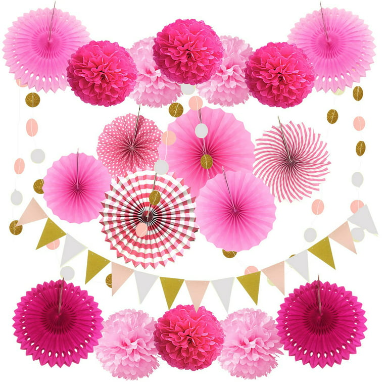 YANSION 20pcs Hanging Paper Fans Decorations, Pink Party Decorations with  Paper Fans Paper Pom Poms for Birthday Wedding Baby Shower Festival  Carnival 