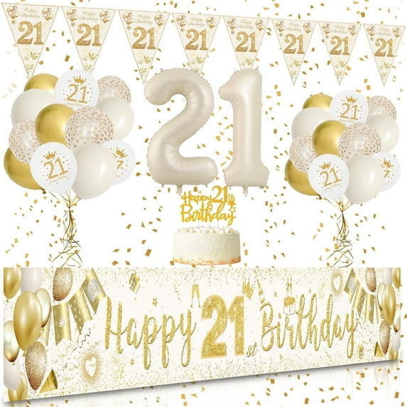 YANSION 21st Birthday Decorations Unisex, 21st Birthday Party Kit with Sand White Gold Happy 21st Birthday Banner, Beige White Gold Confetti Balloons Number 21 Balloon Triangle Flag Banner