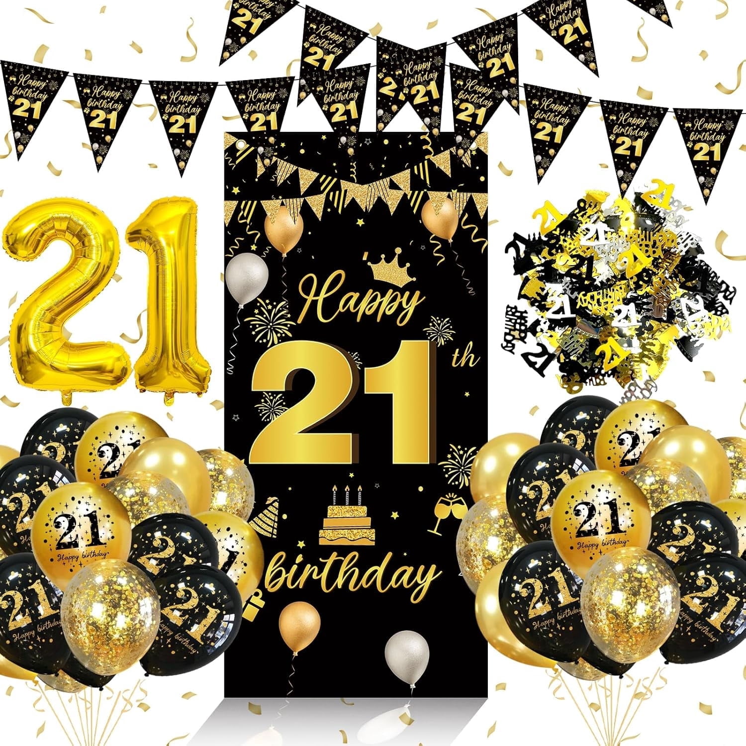 YANSION 21th Birthday Decorations for Men Women, Black Gold 21th Party ...