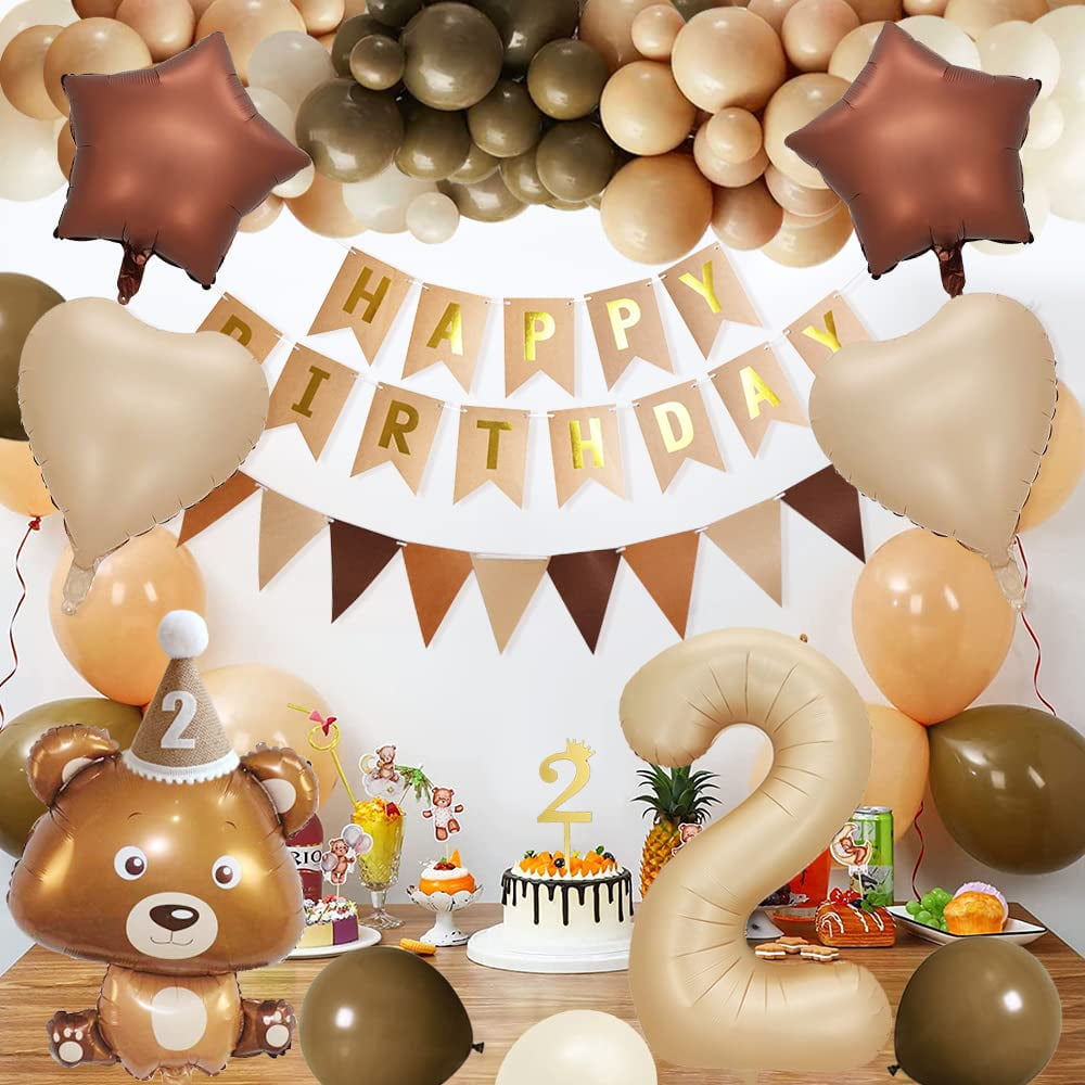 YANSION 2nd Birthday Decorations, Boho Birthday Decoration, Bear Theme Party Decoration with Giant Bear Foil Balloon,  Number 2 Balloon, Beige Coffee Balloon for Boys Girls Baby 2 Year Old Birthday