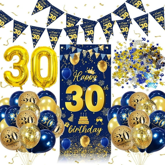 YANSION 30th Birthday Decoration Men, Blue Gold 30 Birthday Confetti Balloons, Large 30 Happy Birthday Banner Poster, 30 Birthday Party Decoration