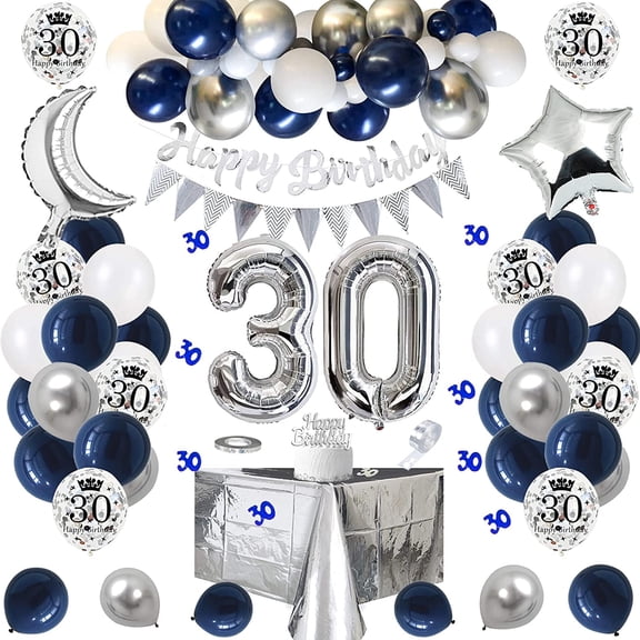 YANSION 30th Birthday Decorations Men, Happy Birthday Banner, 30 Birthday Balloons Set for Women, Blue and Silver Latex /Foil/Confetti Balloons, Table Decorations, Foil Tablecloth, Cake Topper