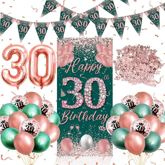 YANSION 30th Birthday Party Decorations, Green Rose Gold Happy 30th Birthday Banner with 30th Balloons 30th Door Cover Backdrop for Women Birthday Anniversary Party Sign Porch Decor Supplies