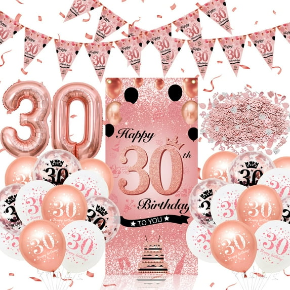 YANSION 30th Birthday Party Decorations, Pink Rose Gold Happy 30th Birthday Banner with 30th Balloons 30th Door Cover Backdrop for Women Birthday Anniversary Party Sign Porch Decor Supplies