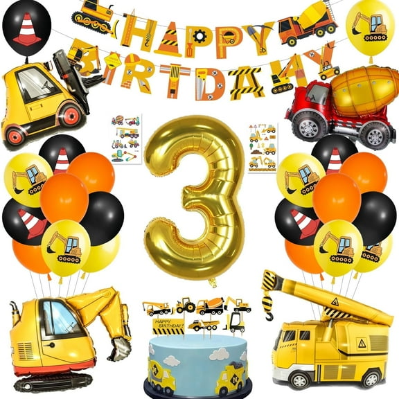 YANSION 3rd Birthday Decorations for Boy, Construction Birthday Party Supplies Truck Digger Birthday Balloons, Digger Happy Birthday Banner, Excavator Truck Bulldozer for 3 Years Old Birthday
