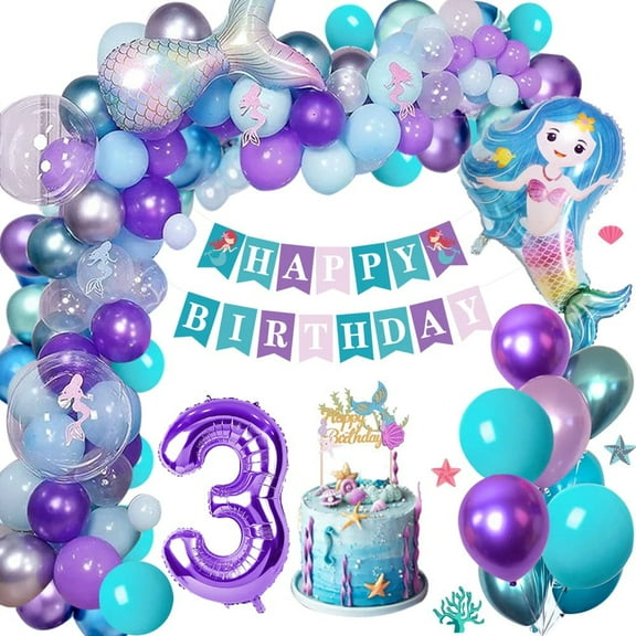 YANSION 3rd Mermaid Birthday Decoration Girl, Mermaid Balloon Arch Kit with Birthday Banner Cake Topper Mermaid Tail Foil Balloons, 3 Years Old Mermaid Children's Birthday Decorations