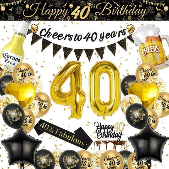 YANSION 40th Birthday Decoration for Men, 40th Black Gold Balloons with Cheers to 40 Years Banner, Beer & Beer Mug Foil Balloons, Number 40 Foil Balloons for Birthday Party Decorations
