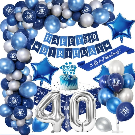YANSION 40th Birthday Decorations for Men, Navy Blue Silver 40th Birthday Decorations 40th Happy Birthday Banner, Number 40 Printed Balloons Foil Blue Silver Decor for 40th Birthday Party