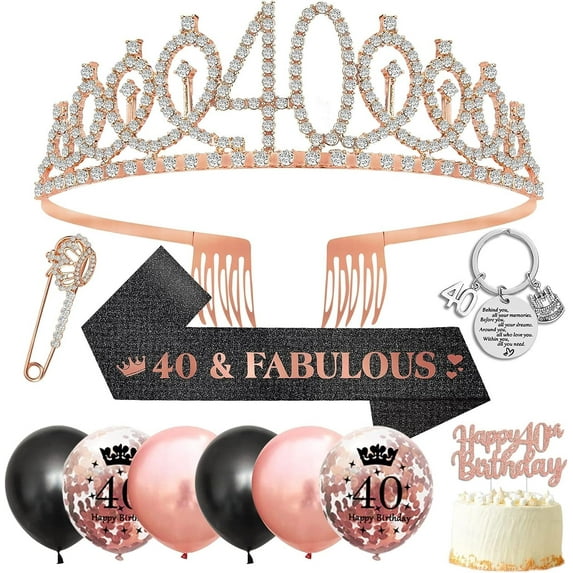 YANSION 40th Birthday Decorations for Women, Including Birthday Sash, Rose Gold Rhinestone Crown Tiara, Happy 40th Birthday Cake Topper, Black Rose Gold Balloons Set, Sweet Forty Party Decorations