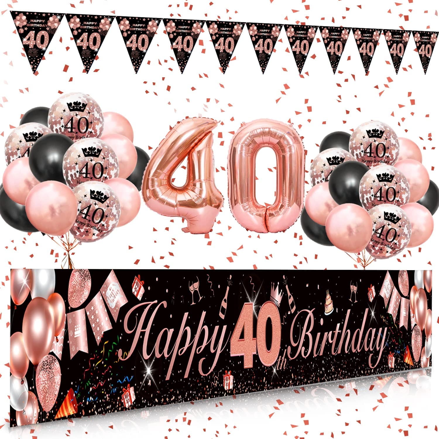 HAKOTI 40th Birthday Decorations - 3 Boxes & 15 Balloons, Black & Rose Gold Party Supplies