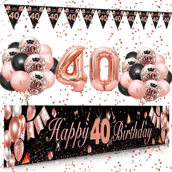 YANSION 40th Birthday Decorations for Women, Lady Black Rose Gold Theme Party Decor, Black Rose Gold Latex Balloons and Happy 40th Birthday Banner, Happy 40th Birthday Party Anniversary Supplies
